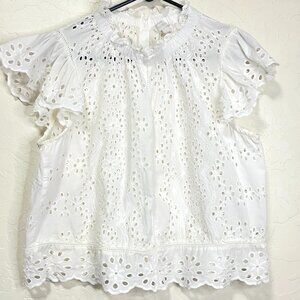 White Cotton Eyelet Blouse Boho Cottagecore Ruffle Sleeve Button Back Boxy Top L